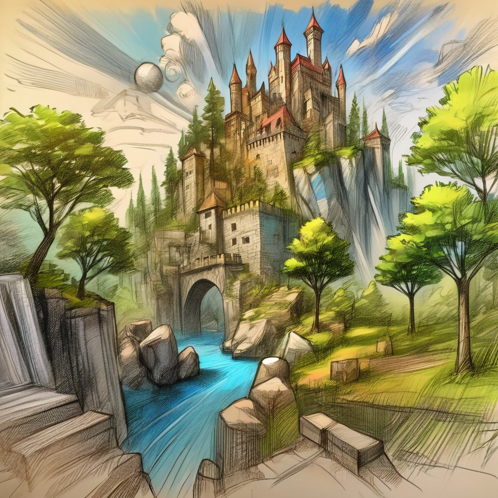 vextria sketch, sketch, landscape, castle on the rock, big dragon, trees and forest in the distance, colorful, very detailed <lora:vextria:1>