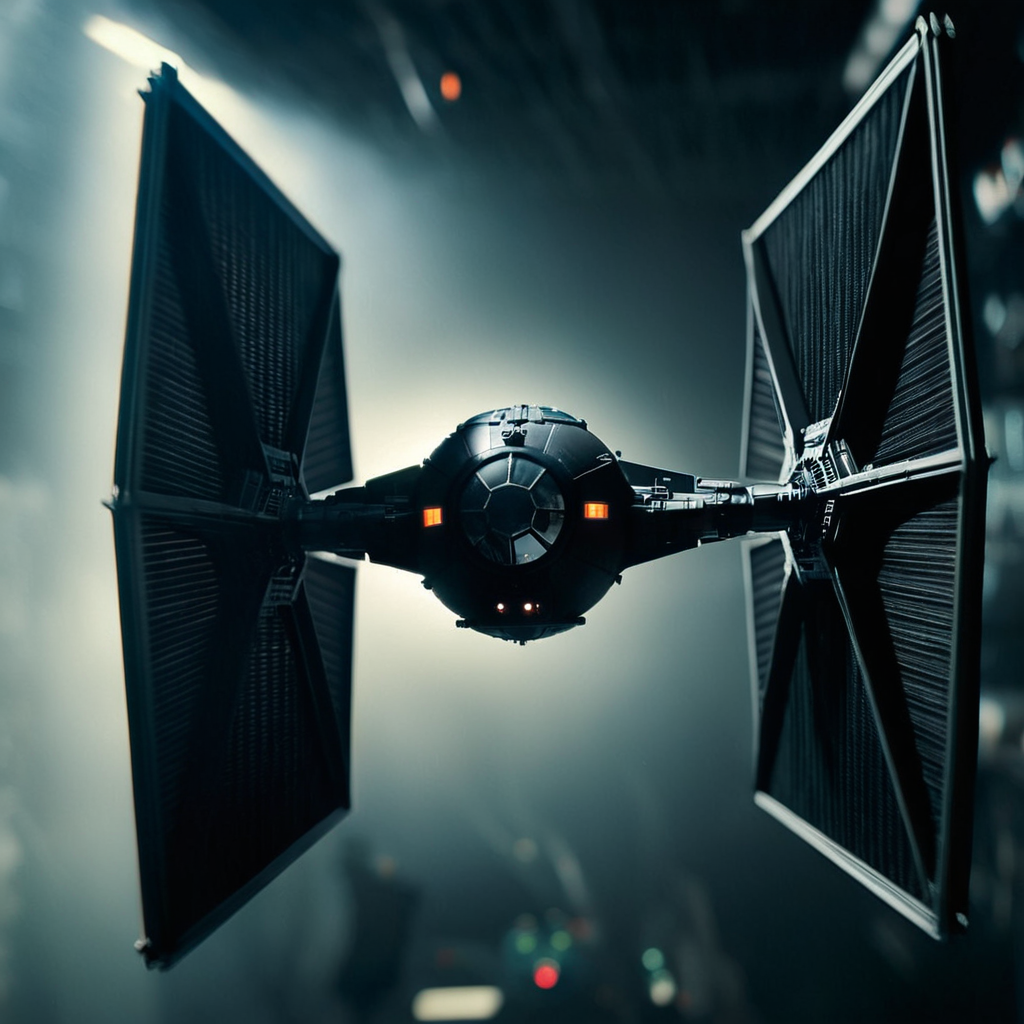 cinematic film still of  <lora:star wars style v2:0.2>
<lora:detailed:0.4> detailed
<lora:perfection style:0.4> perfect
<lora:Chiaroscuro Lighting Style:0.2>
 <lora:TIE fighter:0.9>
TIE fighter a star wars tier is shown in a dark room,artist name,blurry,no humans,science fiction,realistic , star wars style, shallow depth of field, vignette, highly detailed, high budget, bokeh, cinemascope, moody, epic, gorgeous, film grain, grainy