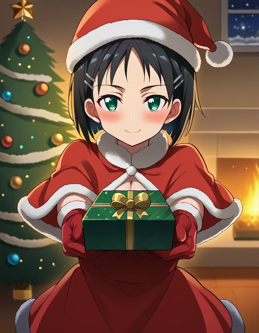 score_9, score_8_up, score_7_up, source_anime, <lora:suguha-kirigaya-s1-ponyxl-lora-nochekaiser:1>, suguha kirigaya, short hair, black hair, hair ornament, hairclip, green eyes, large breasts,, <lora:santa-costume-ponyxl-lora-nochekaiser:1>, santa costume, santa hat, christmas, sack, merry christmas, gift, fur-trimmed headwear, holding sack, santa dress, fur-trimmed dress, christmas tree, christmas tree, fur trim, red capelet, gift box, red gloves, fur-trimmed capelet, santa gloves, red hat, hat,, smile, blush, looking at viewer, <lora:incoming-gift-ponyxl-lora-nochekaiser:1>, incoming gift, outstretched arms, holding, holding gift, gift, gift box,,
