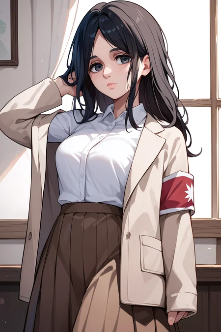 score_9, score_8_up, score_7_up, score_6_up, score_5_up, score_4_up, source_anime, <lora:Pieck Finger-PonyXL-lora-Faxtron:0.8> pieck finger, black eyes, black hair, long hair, medium breasts, beige jacket, white shirt, brown skirt,