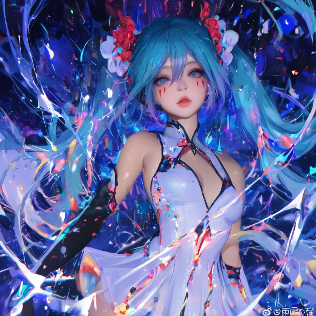 1girl, solo, long hair, hatsune miku, twintails, very long hair, dress, blue hair, gloves, full body, blue eyes, floating, looking at viewer, hair ornament, sleeveless, black gloves, multicolored hair, facial mark, sleeveless dress, flower, parted lips, absurdly long hair, elbow gloves, white dress, hair between eyes, bare shoulders, abstract background, energy , blue blue theme, universe, cowboy shot,masterpiece,best quality,amazing quality, realistic