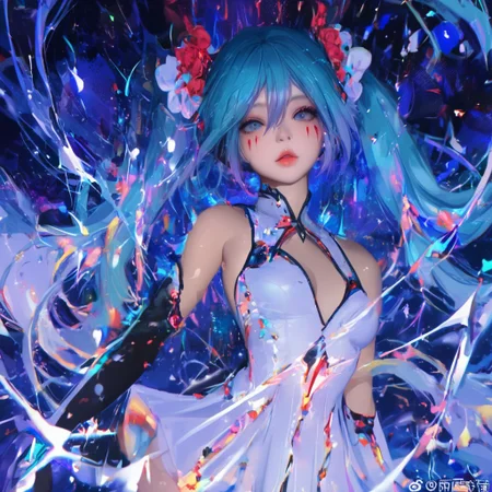 1girl, solo, long hair, hatsune miku, twintails, very long hair, dress, blue hair, gloves, full body, blue eyes, floating, looking at viewer, hair ornament, sleeveless, black gloves, multicolored hair, facial mark, sleeveless dress, flower, parted lips, absurdly long hair, elbow gloves, white dress, hair between eyes, bare shoulders, abstract background, energy , blue blue theme, universe, cowboy shot,masterpiece,best quality,amazing quality, realistic