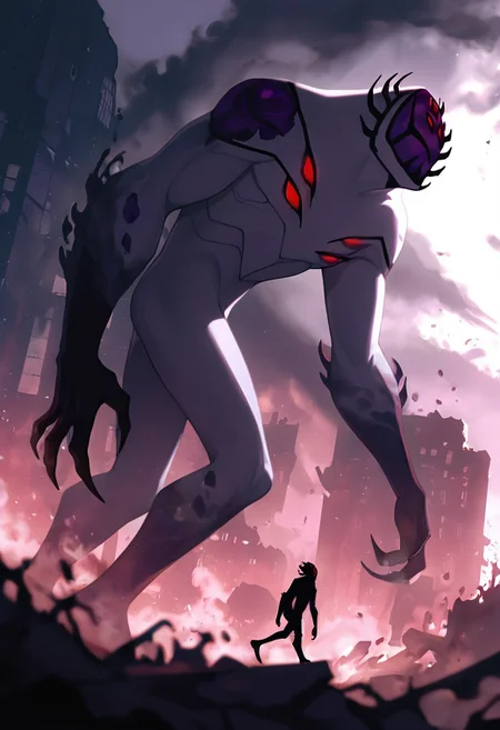 masterpiece, best quality, amazing quality, very aesthetic, absurdres, newest,, detailed background,
highbreed, extra eyes, solo, alien, white skin, purple face, , monster, red eyes, black hands, , claws, black head spikes,
giant, walking, from side, smoke, foreground blur, depth of field, destroyed city, smoke, from bottom,