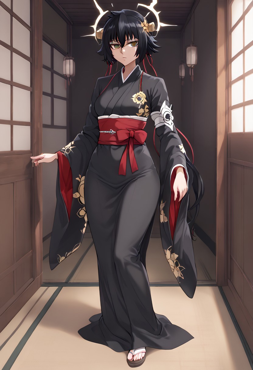 ((masterpiece, best quality, high resolution)) 1girl, solo, sessyoin kiara, full body, defined body and face, perfect lighting, Skin taichou (bleach), solo, black Shinigami clothes, black kimono, taichou haori, white haori, hyper detailed, high resolution, sfw, fatesnha style
