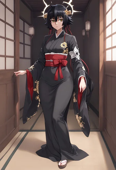 ((masterpiece, best quality, high resolution)) 1girl, solo, sessyoin kiara, full body, defined body and face, perfect lighting, Skin taichou (bleach), solo, black Shinigami clothes, black kimono, taichou haori, white haori, hyper detailed, high resolution, sfw, fatesnha style