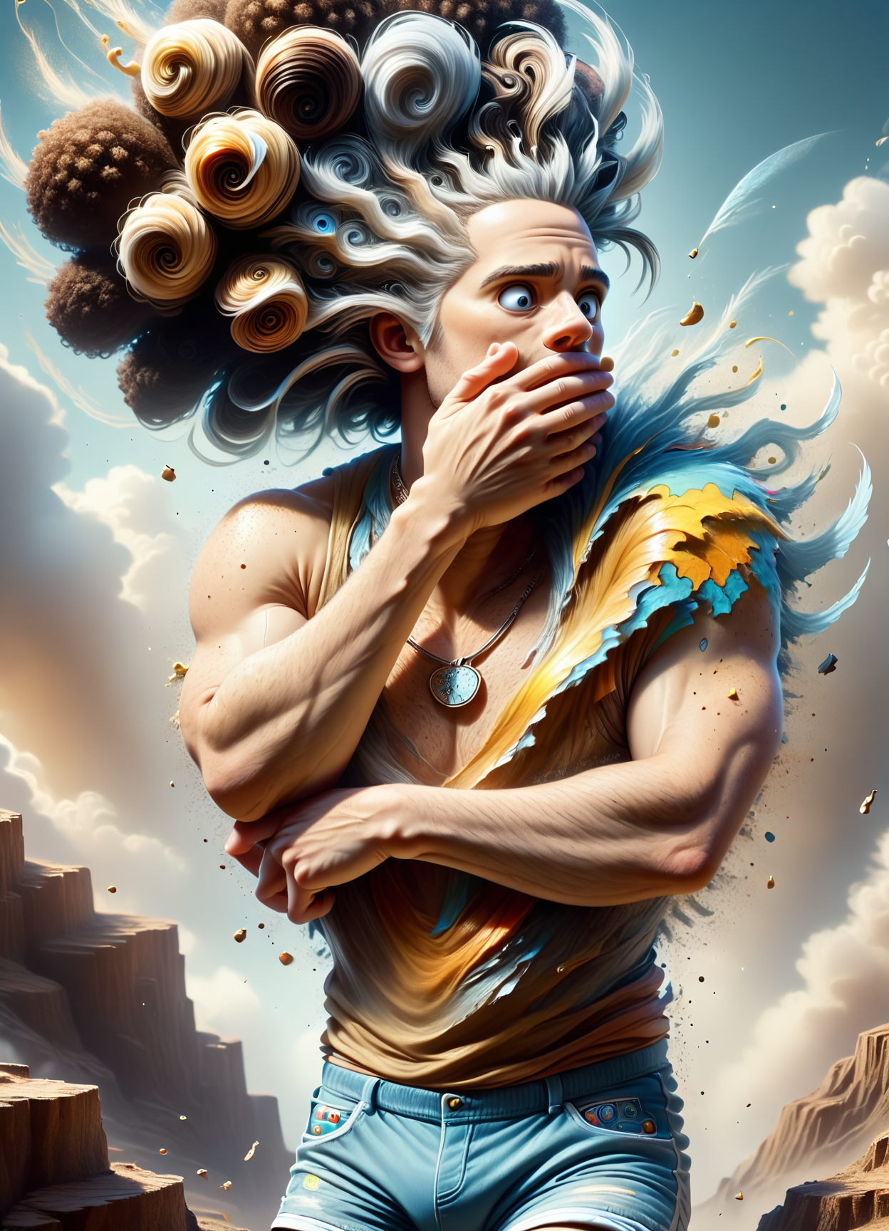 DonM3l3m3nt4lXL,  score_9, score_8_up, score_7_up, score_6_up, male geriatric voluminous, afro-caribbean, gray eyes,  dorsal hump nose,  unique jaw,   pear face shape,   , caramel drop fade hair, gratitude wearing geometric    flecked quilted shorts,  windbreaker,   cowrie shell necklace ,, hands covering mouth, suggesting surprise or shock, indanthrone blue lithic necrotic, rating_safe <lora:DonM3l3m3nt4lXL-pony:0.8>