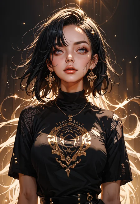 score_9, score_8_up, score_7_up, score_6_up, score_5_up, score_4_up,  A stunning anime woman is dynamically posed in a mesmerizing, whimsical scenery. The warm, golden sunlight casts a captivating glow on her skin, highlighting the subtle shading and texture of her features. Her piercing white and red eyes sparkle with intensity, surrounded by delicate eyelashes that add depth to her gaze. Her long, straight, and dynamic black-white hair flows in every direction, with bangs framing her face and loose strands dancing in the wind. A blush on her cheeks adds a touch of innocence to her edgy, captivating appearance. She wears a bold, ripped t-shirt with visible threads and a punk-style skirt with fishnet stockings, completing her rebellious look. The dimly lit room around her is enveloped in subtle shadows and textures, heightening the mystical aura of the scene, highly detailed,ultra-high resolution,32K UHD,sharp focus,best-quality,masterpiece, Emotionalization,golden hour,unconventional supreme masterpiece,masterful details,temperate atmosphere,with a high-end texture,in the style of fashion photography,magazine cover,Dynamic Angle,Dynamic posture,   <lora:Expressive_H-000001:0.6>, expressiveH <lora:g0th1cPXL:0.4> <lora:incase_style_v3-1_ponyxl_ilff:0.3> <lora:sinfully_stylish_SDXL:0.4>