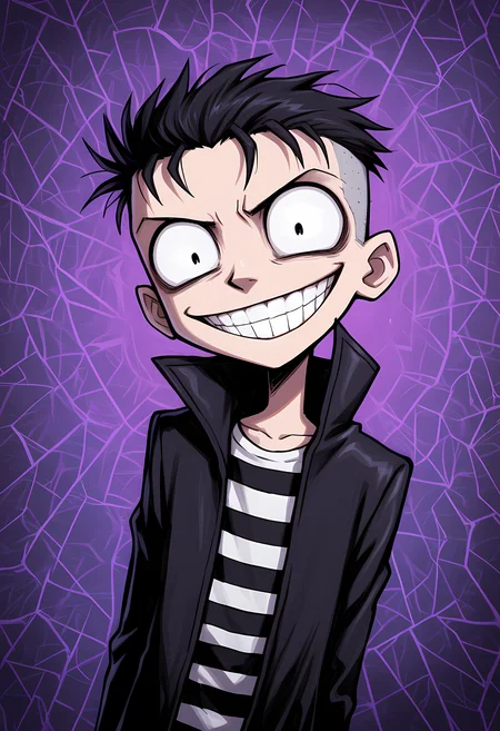 masterpiece, best quality, amazing quality, dutch angle, abstract background, BREAK
solo, 1boy, male, nny, black hair, black eyes, short hair, long black coat, striped shirt, evil grin, BREAK
<lora:cfg_scale_boost:.6> <lora:Nny_-_JTHM_-_ILXL:1>