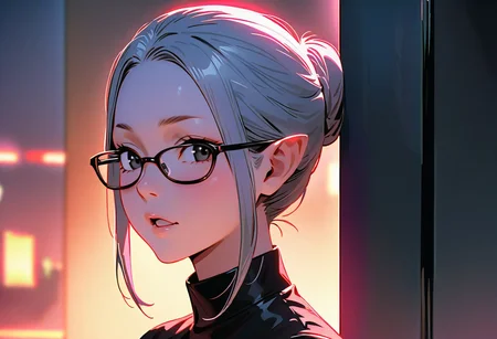 (graphic novel style, dark novel style:1.5),(anime), (masterpiece:1.4), (soft cinematic light:1.1), incredibly lifelike, Extremely high-resolution details, 8k, best quality,extremely detailed, contrast,
high tech design,
 gallery of contemporary art, inside, portrait old woman against the backdrop of a giant floor-to-ceiling window, through which one can see a city landscape with skyscrapers and a sunset , open mouth, one portrait ((elderly)) woman in a ((black long dress)) and black high-heeled shoes, elderly, old woman, [Nordic], Hourglass elongated body, Oval Face, Long neck, Rounded shoulders, long slim thin arms, Attached Pointed ears, round forehead, (gray Updo short combed back hair), snub nose, Arched eyebrows, Monolid black Eyes, High Round Narrow cheekbones, Hollow Cheeks, Rounded Chin, Rounded Jawline, thin Lips, (black eyes), (square glasses), (Wrinkles),