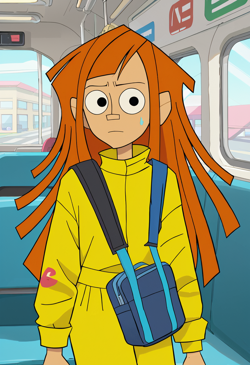 <lora:TwelveForever_Reggie_Pony:1.0>, reggie \(regular\), sweatdrop, reggie, twelve forever, 1girl, solo, orange hair, long hair, black eyes, bangs, airplane interior, masterpiece, best quality, score_9, score_8_up, score_7_up