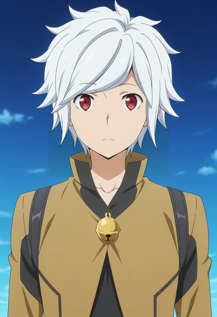 masterpiece, best quality, , anime screencap, anime coloring, official style, looking at viewer, 1boy, solo, male focus, <lora:bell_cranel_ilxl:0.9>, bell_cranel, white hair, red eyes, short hair, ,