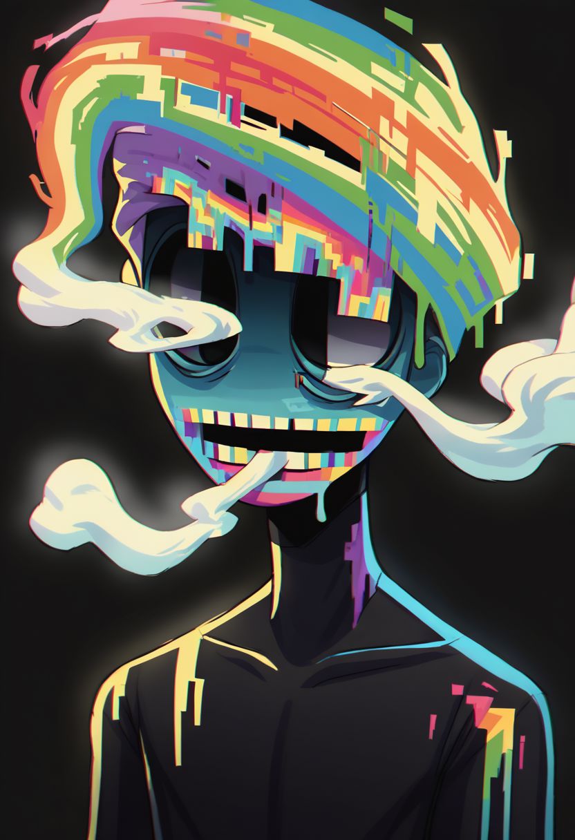 did vaporwave style, solo, upper body, 1boy, male focus, black background, 1other, simple background, body made of rainbow stripes, black bodysuit, rainbow theme, melting, vapor, smoke, glitch,  horror (theme),  glowing,  zPDXL2