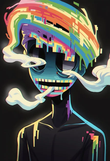 did vaporwave style, solo, upper body, 1boy, male focus, black background, 1other, simple background, body made of rainbow stripes, black bodysuit, rainbow theme, melting, vapor, smoke, glitch, horror (theme), glowing, zPDXL2