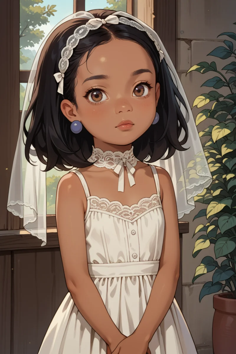 score_9,score_8_up,score_7_up,
<lora:Minh_Souphanousinphone_King_of_the_Hill_COMMISSION:0.8>
1girl, solo, minh, dark skinned female, brown eyes, black hair, earrings, looking at viewer,
child, short, young, flat chest, white dress, lace choker, sleeveless, veil,
<lora:1StS_age_slider_v1_initial_release:-4>
