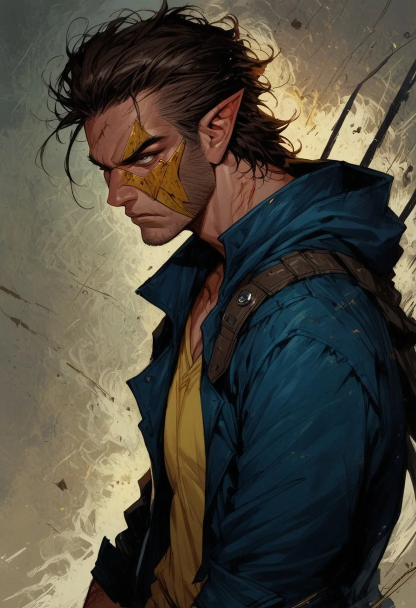 score_9, score_8_up, score_7_up, 1man, solo, 23 year old, serious, determined look, medium short hair, brown hair, wolverine haircut, shifter, dark blue jacket with yellow lines, hood mask, masked, yellow shirt, yellow mask with blue ears, pointy ears,blood, scars, slim body, easynegative