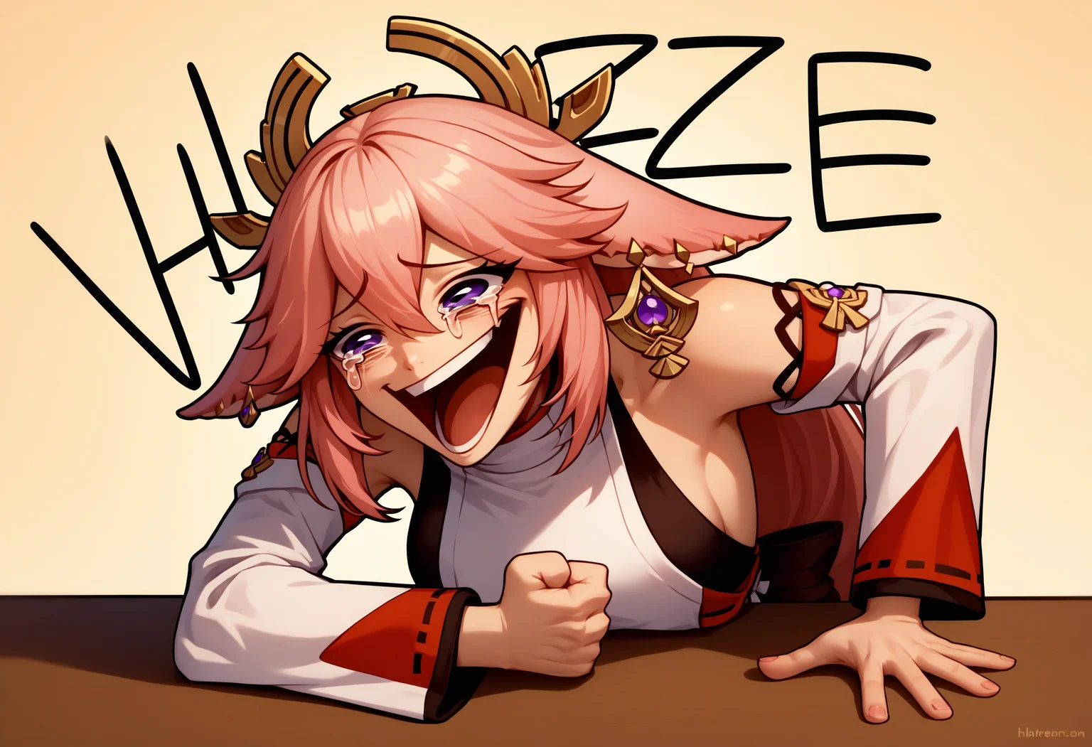 score_9, score_8_up, score_7_up, 1girl, Wheeze, open mouth, tears, laughing, <lora:Wheeze_XLPD:1>, yae miko, hand on table, english text, clenched hand,
