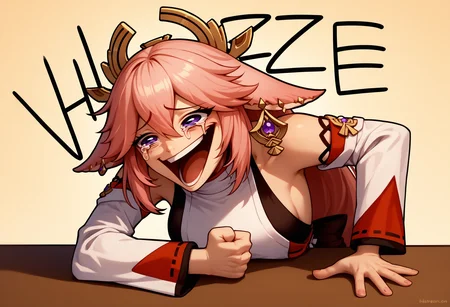 score_9, score_8_up, score_7_up,  1girl, Wheeze, open mouth, tears, laughing, <lora:Wheeze_XLPD:1>, yae miko, hand on table, english text, clenched hand,