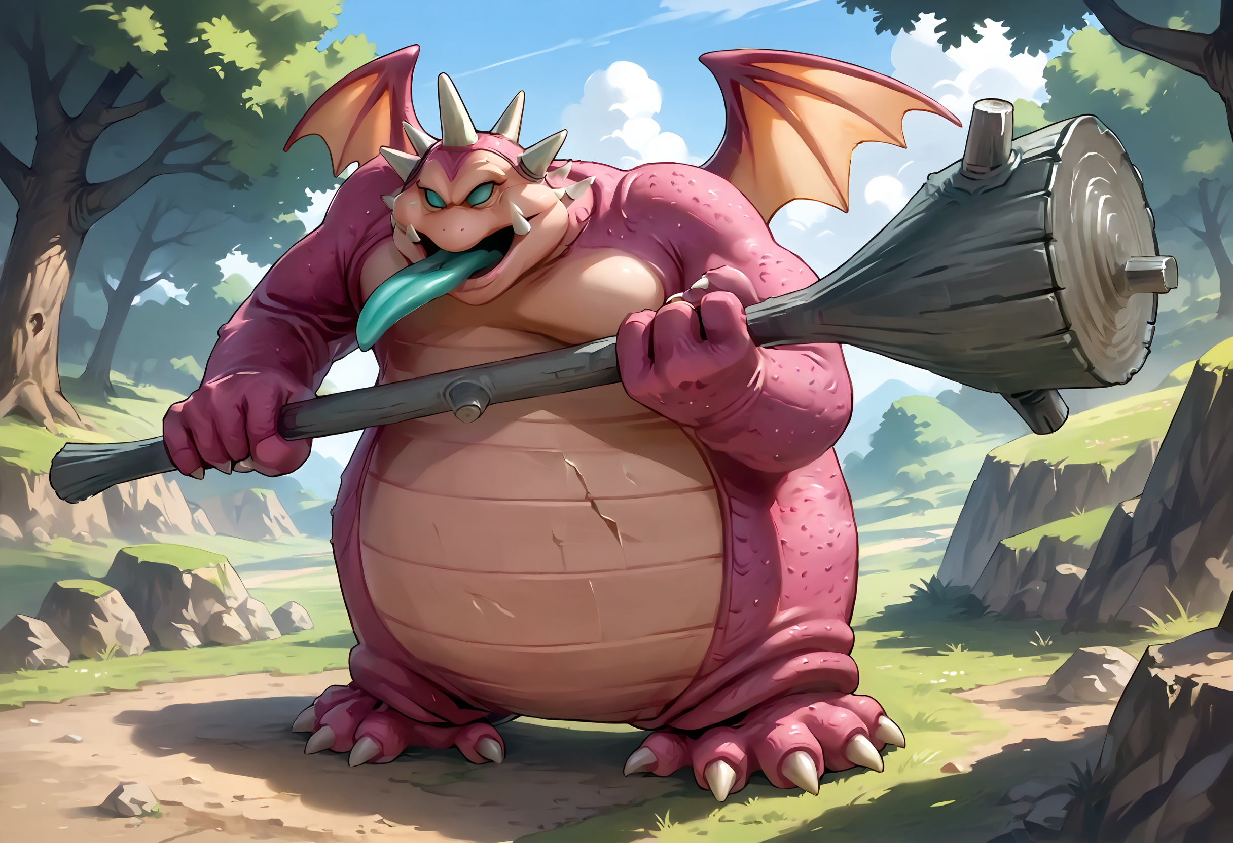 score_9,score_8_up,score_7_up,super detailed,extreme detailed,full_body,zPDXL,source anime,nature,field BREAK no humans,<lora:Pony_DetailV2.0:1> BREAK night clubber (dq),hammer,holding hammer,horns,tongue,tongue out,wings,<lora:night clubber (dq):1>,fighting stance,