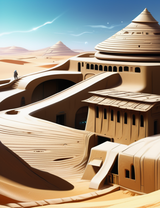 (masterpiece:1.2), ((digital art,realistic)), (hyper detailed),DonMS4ndW0rldXL, made of sand or sandstone, desert Village, scifi,<lora:DonMS4ndW0rldXL-000008:0.8>