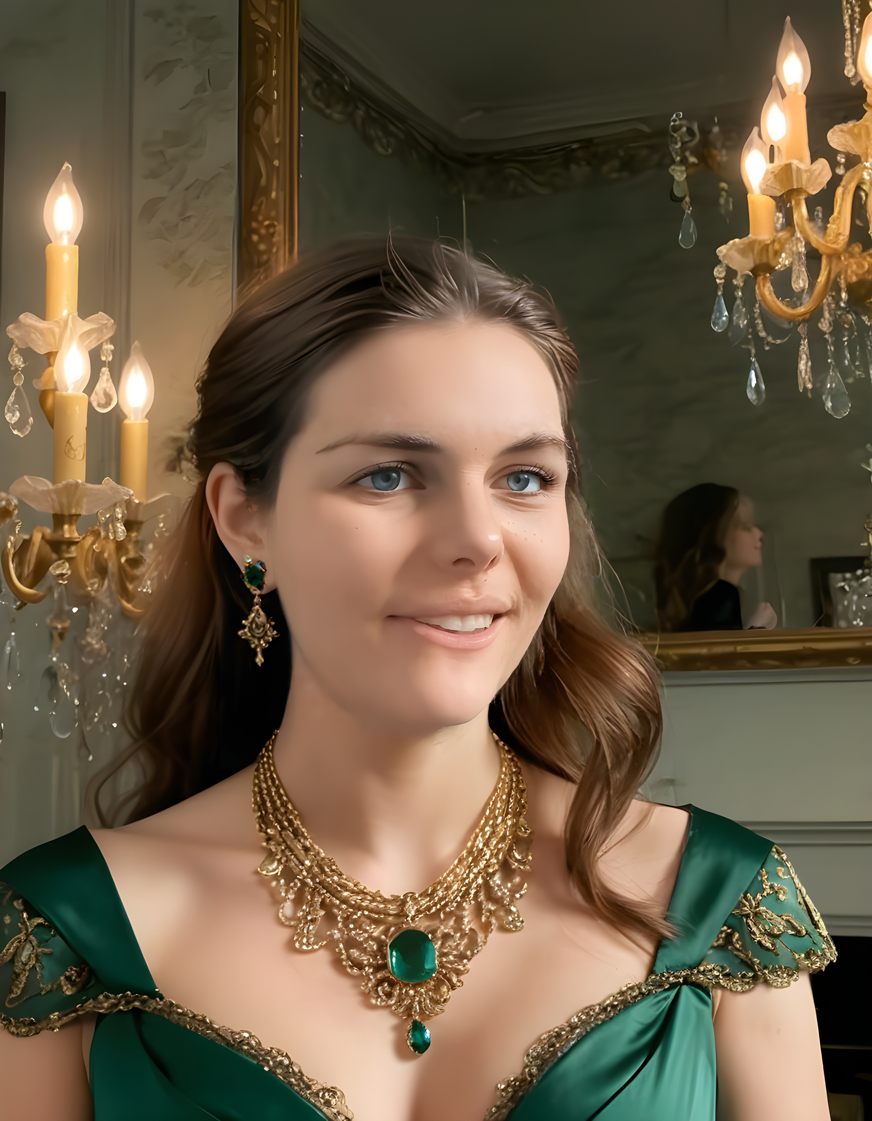In a grand, sunlit atelier adorned with priceless artifacts and vibrant flora, M1GM1K, a woman of captivating beauty with cascading brown hair, wears an elegant Victorian-inspired gown of rich emerald green silk, accessorized with intricate gold jewelry and dangling earrings. Her lips are parted in a tantalizing grin as she gazes directly into the lens, her eyes sparkling with an undeniable allure. The background reveals a large, ornate mirror that subtly reflects her enchanting visage, while the soft glow of a nearby chandelier casts a warm and inviting light upon her radiant figure.