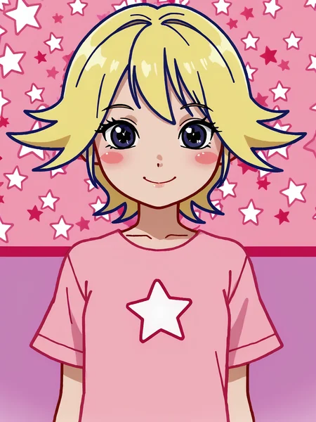 1girl, smile, score_7_up, piuvictoria, <lora:Victoria (Pump It Up):0.8>, blush, blonde hair, starry background
pink topwear, <lora:CSPNY1:1>