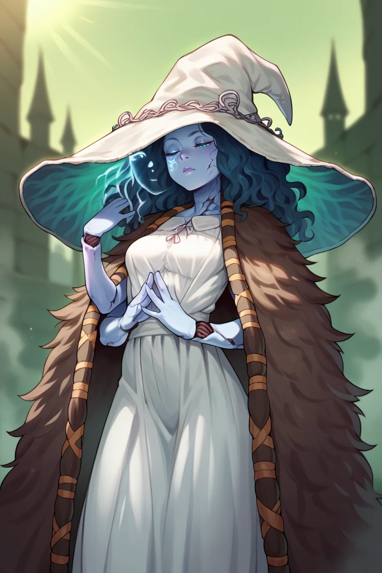 score_9, score_8_up, score_7_up, BREAK, <lora:bbcchan-guy-PONYv1:1>, 1girl, solo, breasts, <lora:Ranni_XLPD:0.95> IncrsXLRanni, wavy hair, cracked skin, blue skin, colored skin, extra arms, extra faces, doll joints, white dress, witch hat, brown cloak, outdoors, green sky, fog, sunlight,