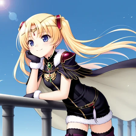 <lora:Licia_de_novus_Yurii_1_nai-000038:1>,Licia de novus Yurii,twintails,
hair ornament,tiara,black thighhighs,fur-trimmed gloves,short dress,black dress,lace-trimmed thighhighs,black gloves,fur-trimmed dress,sleeveless dress,black belt,gold necklace,fur thigh strap,black cape,fur-trimmed cape,white lining,shoulder armor,
BREAK
1girl,solo,smile,against railing,simple background,blue sky,wind,floating hair,depth of field,lens_flare,face_focus,leaning,head rest,looking_afar,looking_ahead,