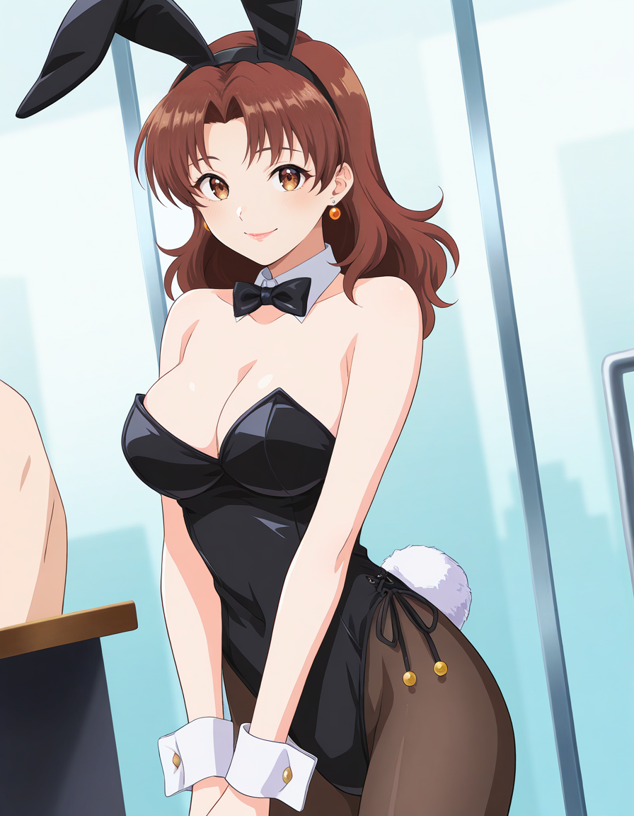 score_9, score_8_up, score_7_up, anime, BREAK official art, solo, 1girl, one girl,
<lora:misawa_haruka:0.9>, misawa haruka, brown hair, brown eyes, earrings, lips, 
sensitive,
dynamic angle, model poses, smile, 
black bunny girl, play boy bunny,
(masterpiece:1.3), best quality, high resolution, unity 8k wallpaper, extremely detailed CG, 8K,