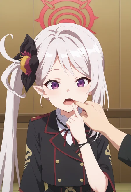 score 7 up, source anime, 1girl, , <lora:mutsuki-asagi-s1-ponyxl-lora-nochekaiser:1>, mutsuki asagi, long hair, bangs, hair ornament, very long hair, purple eyes, flower, white hair, pointy ears, hair flower, side ponytail, halo, , <lora:_sdxl-fingercandy-pony:1> fingercandy,,