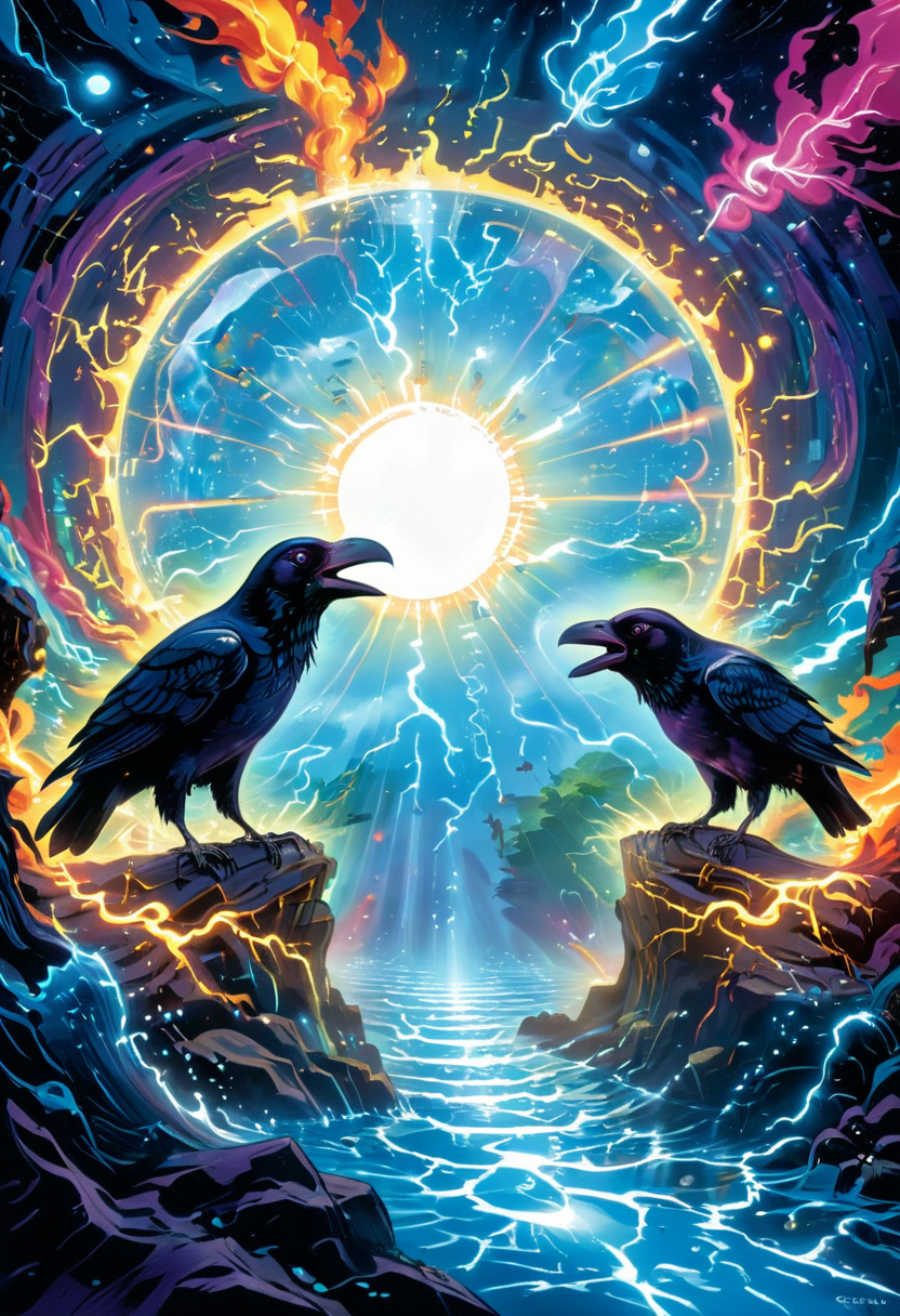 Psychedelic style Ravens collect memories like currency, trading fragments of forgotten timelines between themselves. With third eye opening and god rays
 (((with exaggerated expressions))) Sporting Temporal Displacement Stems: The stems exist in different time periods, aging and de-aging randomly., Reflection Shot: Find reflective surfaces like water, mirrors, or glass, and position your subject so their reflection becomes part of the composition..(dynamic:1.1),sun rays,(taken by 12.5mm fisheye lens:1.1), 
(Vivid, HDR, Canon50, 8K, Hyper Realistic, Dramatic, Epic, Dynamic Contrast, Cinematic Lighting, increased brightness)(((Zoomed Out, Far away Shot))) = =. Epic dynamic lighting , vibrant,highly detailed,psychedelic,((Psychedelic, rainbow glow ))
((Vivid, Epic, Dynamic contrast)) (((Zoomed out, Far away shot, In frame)), (((Cinematic, Studio lighting, Contrast)))
<lora:juggernautXL_version6Rundiffusion:0.8><lora:rundiffusionXL_beta:0.8><lora:crystalClearXL_ccxl:0.9><lora:extremely_detailed:0.8> extremely detailed
 <lora:hyperkraximalism:0.2> hyperkraximalism
 <lora:Alex_Grey_XL_Base:0.5> <lora:glowneon_xl_v1:0.8> glowneon, glowing, sparks, lightning <lora:Colour_Spaces_XL_V1:0.8> colour spaces, coloured spaces  <lora:Graphic_Novel_Illustration:0.8> graphic novel illustration, - Generate images with sharp edges and fine details.
- Produce high-resolution images with no blurriness or distortions.
- Create images with clear and well-defined subjects.
- Ensure that the output images have crisp lines and distinct features.
- Generate images with vibrant colors and accurate tones.
- Avoid noise or artifacts in the generated images.
- Focus on producing clear textures and patterns in the images.
- Emphasize clarity and definition in all aspects of the generated images.
- Prioritize the sharpness and clarity of the main subjects in the images.
- Optimize the AI model to produce clear and visually appealing images., Wlop, By art germ, Ross tran . Vibrant colors, swirling patterns, abstract forms, surreal, trippy