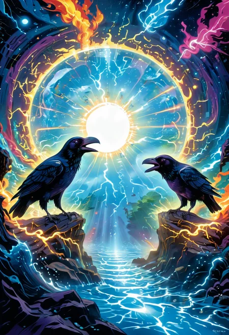 Psychedelic style Ravens collect memories like currency, trading fragments of forgotten timelines between themselves. With third eye opening and god rays
 (((with exaggerated expressions))) Sporting Temporal Displacement Stems: The stems exist in different time periods, aging and de-aging randomly., Reflection Shot: Find reflective surfaces like water, mirrors, or glass, and position your subject so their reflection becomes part of the composition..(dynamic:1.1),sun rays,(taken by 12.5mm fisheye lens:1.1), 
(Vivid, HDR, Canon50, 8K, Hyper Realistic, Dramatic, Epic, Dynamic Contrast, Cinematic Lighting, increased brightness)(((Zoomed Out, Far away Shot))) = =. Epic dynamic lighting , vibrant,highly detailed,psychedelic,((Psychedelic, rainbow glow ))
((Vivid, Epic, Dynamic contrast)) (((Zoomed out, Far away shot, In frame)), (((Cinematic, Studio lighting, Contrast)))
<lora:juggernautXL_version6Rundiffusion:0.8><lora:rundiffusionXL_beta:0.8><lora:crystalClearXL_ccxl:0.9><lora:extremely_detailed:0.8> extremely detailed
 <lora:hyperkraximalism:0.2> hyperkraximalism
 <lora:Alex_Grey_XL_Base:0.5> <lora:glowneon_xl_v1:0.8> glowneon, glowing, sparks, lightning <lora:Colour_Spaces_XL_V1:0.8> colour spaces, coloured spaces  <lora:Graphic_Novel_Illustration:0.8> graphic novel illustration, - Generate images with sharp edges and fine details.
- Produce high-resolution images with no blurriness or distortions.
- Create images with clear and well-defined subjects.
- Ensure that the output images have crisp lines and distinct features.
- Generate images with vibrant colors and accurate tones.
- Avoid noise or artifacts in the generated images.
- Focus on producing clear textures and patterns in the images.
- Emphasize clarity and definition in all aspects of the generated images.
- Prioritize the sharpness and clarity of the main subjects in the images.
- Optimize the AI model to produce clear and visually appealing images., Wlop, By art germ, Ross tran . Vibrant colors, swirling patterns, abstract forms, surreal, trippy