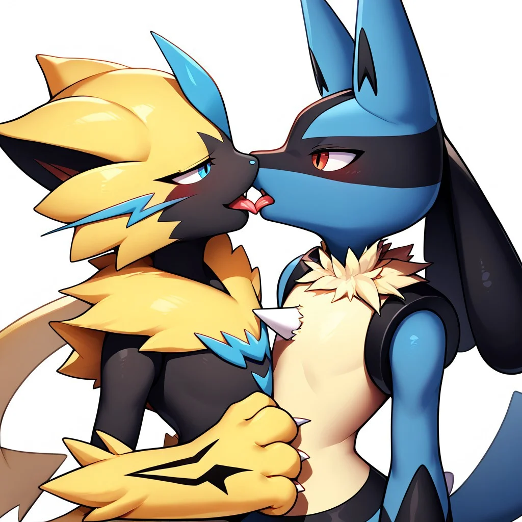 lucario, zeraora, furry, pokemon (creature), duo,score_9, score_8, score_7_up, score_6_up, from side, lucario, kiss, tongue out, upper body