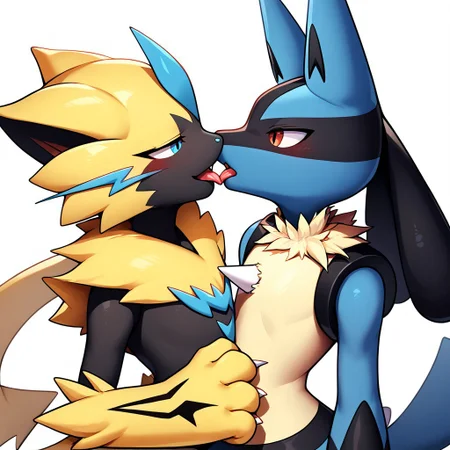 lucario, zeraora, furry, pokemon (creature), duo,score_9, score_8, score_7_up, score_6_up, from side, lucario, kiss, tongue out, upper body