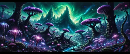 primordial forest, highly detailed oil painting of an otherworldly and hauntingly beautiful dense alien forest landscape featuring intricate enchanting vegetation and nebula in the sky, the style blends gothic horror with ethereal, dreamlike fantasy and surrealism, a mind-bending, uncanny alien landscape with bizarre alien trees under a sea green sky filled with incredible, swirling, luminous clouds, the terrain is covered in dark, gnarled trees with twisted, contorted branches reaching toward the sky, in the distance, jagged mountains loom like the bones of an ancient creature, their peaks shrouded in mist and glowing vapors moving slowly across the land, in the foreground, strange, alien plants with blossoms resembling wide, unblinking eyes grow from the soil, some of the plants drip thick, viscous sap from serrated, blade-like leaves, while others glow with eerie blue light, a river of a sluggish black liquid winds its way through the landscape, shimmering with iridescent hues, in the background, a forest of towering gnarled trees with branches like monstrous claws looms, mysterious eldritch glowing vapors swirl around their roots, an eerie, alien world where every element feels as if it was waiting in ambush, the gnarled trees are covered in twisted vines and glowing moss, their bark forming grotesque gaping mouths, thick, serrated leaves drip glowing sap onto the ground, forming small pools of iridescent shimmering liquid, the landscape is shot in a wide-angle, that captures the scene in a panoramic view, glowing vapors swirl across the landscape, casting ethereal light and long shadows, the light from the strange plants and trees casts eerie reflections on the surface of the dark, iridescent river, faint glowing trails drift through the air, oil on canvas, with intricate detailing, the color palette blends deep purples, inky blacks, and shades of green with eerie, glowing highlights of blues, purples, and red, galaxy, nebula in the sky, style of alena aenami, <lora:style-alena_aenami-flux-by_tangbohu:0.48> <lora:james_webb_space_telescope-flux-by_motimalu:0.48> <lora:style-fantastic_landscapes-flux-by_artifyai:0.4> <lora:image_enhancer-flux-by_dever:0.8>