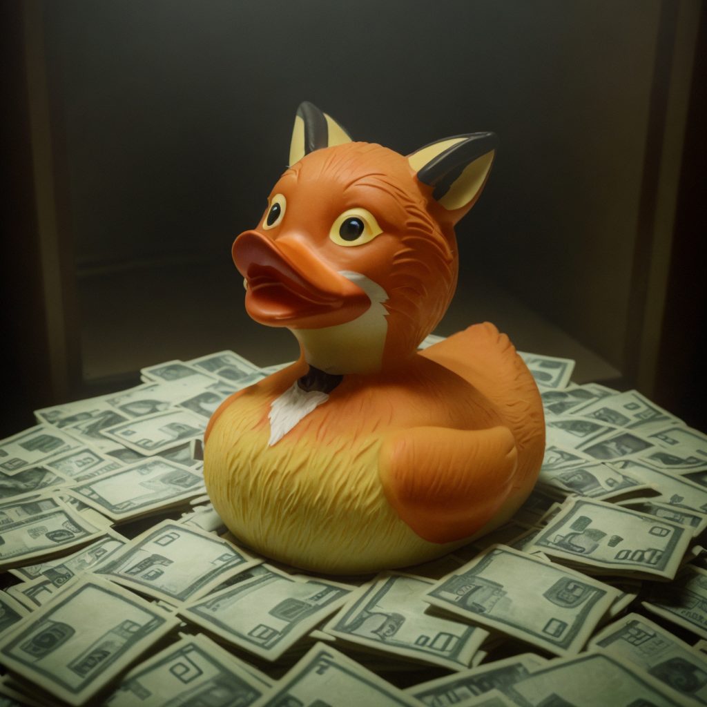 (rubberduck:1.2), fox, slant right, in a pile of cash, vault, cinematic lighting <lora:rubberduck-000019:1>