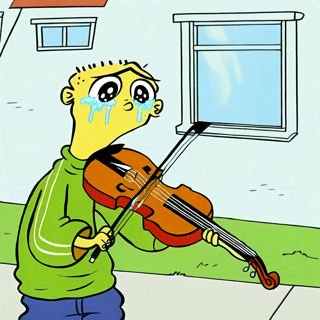 edboi, mnbrow, crying with eyes open, no humans, blue pants, outdoors, violin, window, sweater, drawing