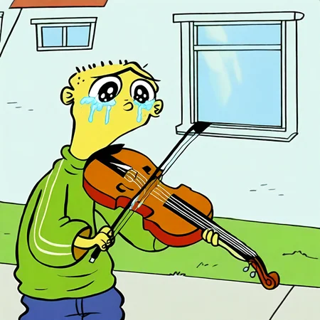 edboi, mnbrow, crying with eyes open, no humans, blue pants, outdoors, violin, window, sweater, drawing