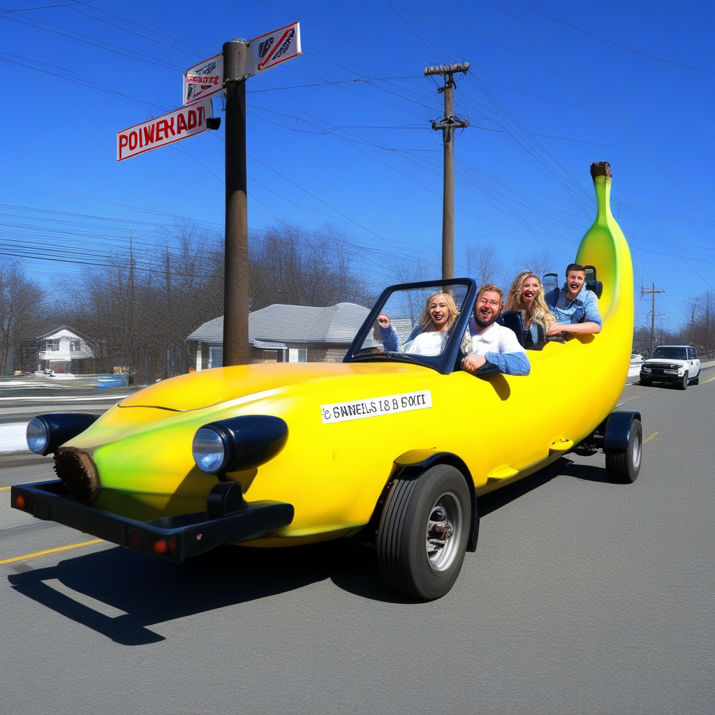 parody, 4 wheels, blonde hair, facial hair, banana, denim, snow, lamppost, 2girls, sign, power lines, shirt, photo background, english text, motion blur