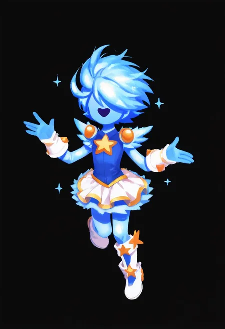 score_9, score_8_up, score_8, 1girl, skinny, vivid colors, (magical girl, mahou shoujo:1.3), short hair, steampunk dress, magical girl dress, simple black background, full body,
Novakid, faceless, no eyes, no mouth, no nose, no facial features, long fiery hair, body made of plasma, blue fiery hair, blue plasma, blue skin,
retanime, pikaole, cute