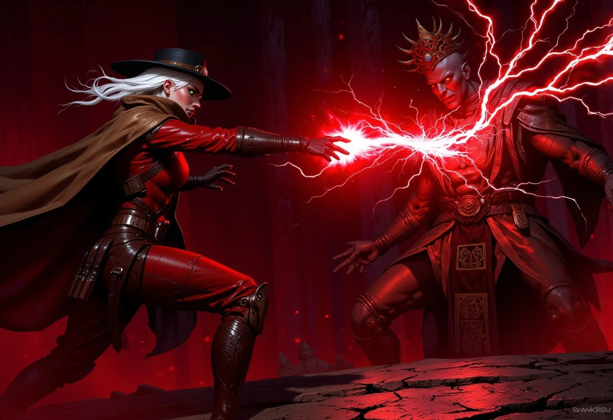 "A witch hunter, white hair, Green eyes, dressed in red suit leather clothing with a holster, ammunition belt, and a black witch hunter's hat, defends herself from a red lightning bolt launched at her by a dark-skinned sorcerer wearing Turkish-style robes. She blocks the attack with a magical barrier adorned with alchemical symbols. The lightning crashes into the barrier, glowing brightly. The witch hunter also wears a brown cloak flowing behind her as she stands in a defensive stance in a dramatic and mystical setting."
