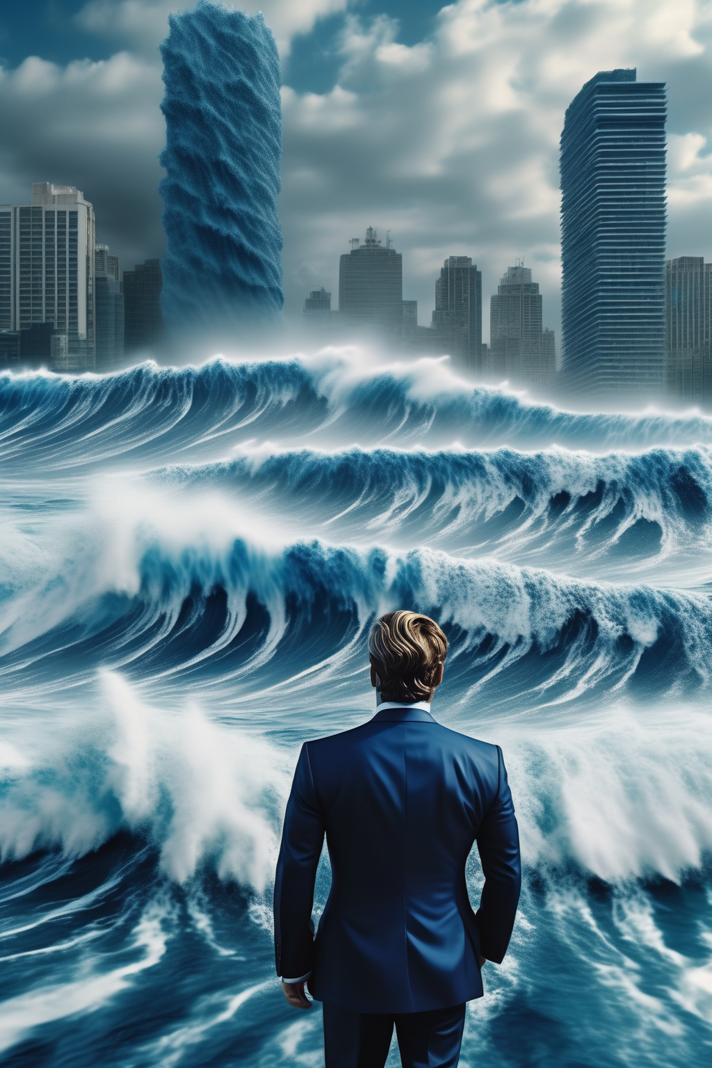<lora:Director Christopher Nolan style:1>Director Christopher Nolan style - award winning photography wide shot of businessman overlooking an incoming megatsunami walking towards the camera wearing a suit, calm collected look, deep in thought, behind him a raging megatsunami building at it's peak, deep blue and dark coloring, ultra realistic waves and foam, undertow of the wave ferocious and pulling the ground beneath the businessman, ultra realistic photography, wide angle view, Fujifilm X100V, Eye-level, Natural, soft, Wide, immersive,  of real tone colours on the palette UNREAL ENGINE 5 14K 16k