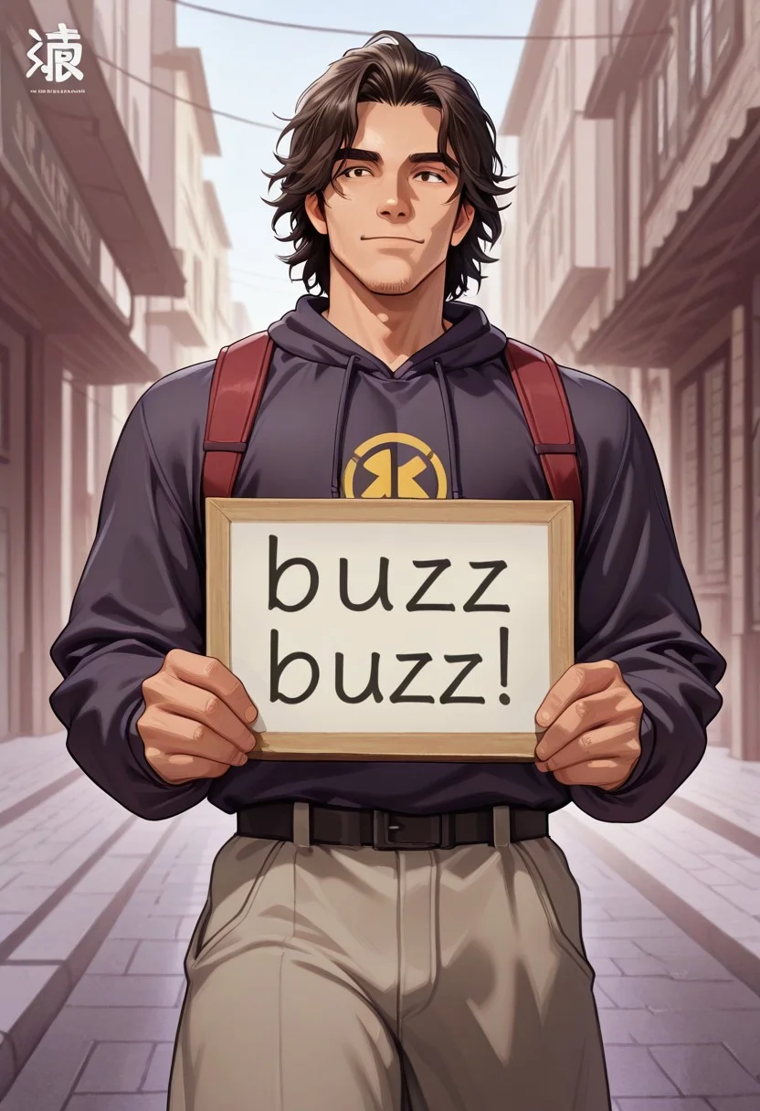 A man holding a sign that says ("Buzz Please") text logo, male focus, 1man, fit body, <lora:texta:0.9>, on the street, anime, masterpiece, intricate:1, best quality, hires textures, high detail:1, incredibly detailed,UHD, 8K, ultra detailed