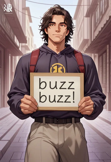 A man holding a sign that says ("Buzz Please") text logo, male focus, 1man, fit body, <lora:texta:0.9>, on the street, anime, masterpiece, intricate:1, best quality, hires textures, high detail:1, incredibly detailed,UHD, 8K, ultra detailed