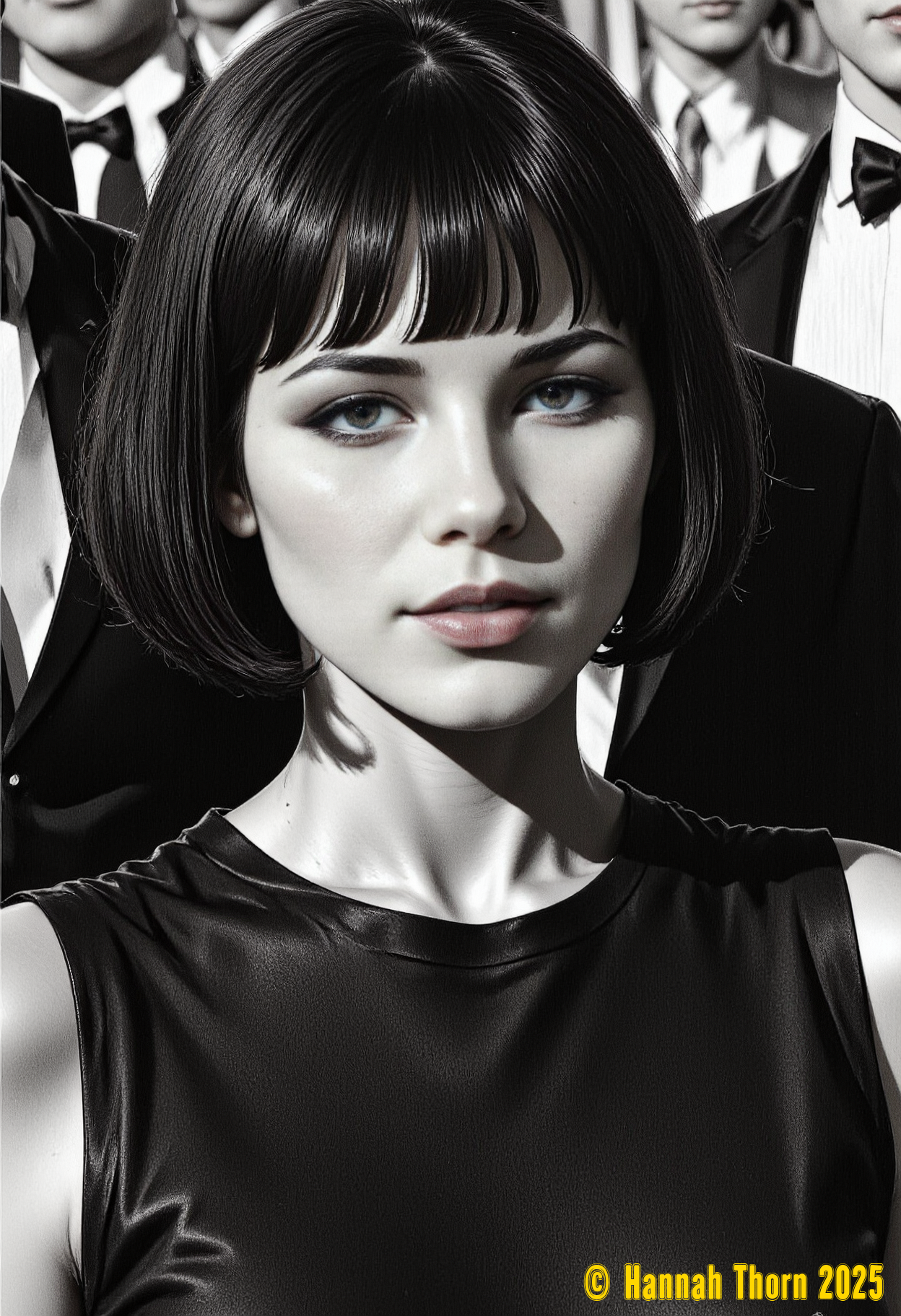 Generate a black and white illustrated portrait in the style of Helmut Newton and Peter Lindbergh, emphasizing a grainy, high-contrast film aesthetic reminiscent of 1970s fashion photography.  The subject is a woman, framed from a slightly low angle, showing her head and upper torso. She possesses short, blunt bangs framing a neutral expression, her sleeveless garment exhibiting a smooth texture. The straight neckline and simple attire contribute to a sense of minimalist elegance. Employ strong chiaroscuro lighting, with dramatic shadows accentuating her face and the texture of her clothing, creating a compelling interplay of light and dark.  A shallow depth of field blurs the background, revealing only fragments of at least two men in formal attire (jackets and bow ties), suggesting a crowded, indoor social gathering.  The background figures should be indistinct, emphasizing the isolation of the subject. The overall image should possess a tangible sense of film grain and softness of detail, evoking the classic feel of vintage photographic processes. The monochrome palette should be rich and nuanced, avoiding flatness, with subtle gradations within the shadow and highlight areas.  Infuse the composition with a subtle tension and an air of mystery, echoing the characteristic mood of both Newton and Lindbergh's iconic works, incorporating elements of both their signature styles.  The final image should possess a timeless quality, a striking blend of classic elegance and edgy modernism. <lora:_Flux\_Painting\Graphic_Novel.safetensors:1.0:1.0>