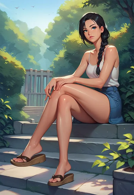 score_9, score_8_up, score_7_up, score_6_up,
rating_questionable, 
1girl, ((18YO:1.2)), Adult, full lips,  big clear eyes, blue eyes, ((black hair:1)), (single braid: 1.2),  
shiny skin,
sitting, on stone stairs, casual, outside, shoe dangle, no socks, sandals,