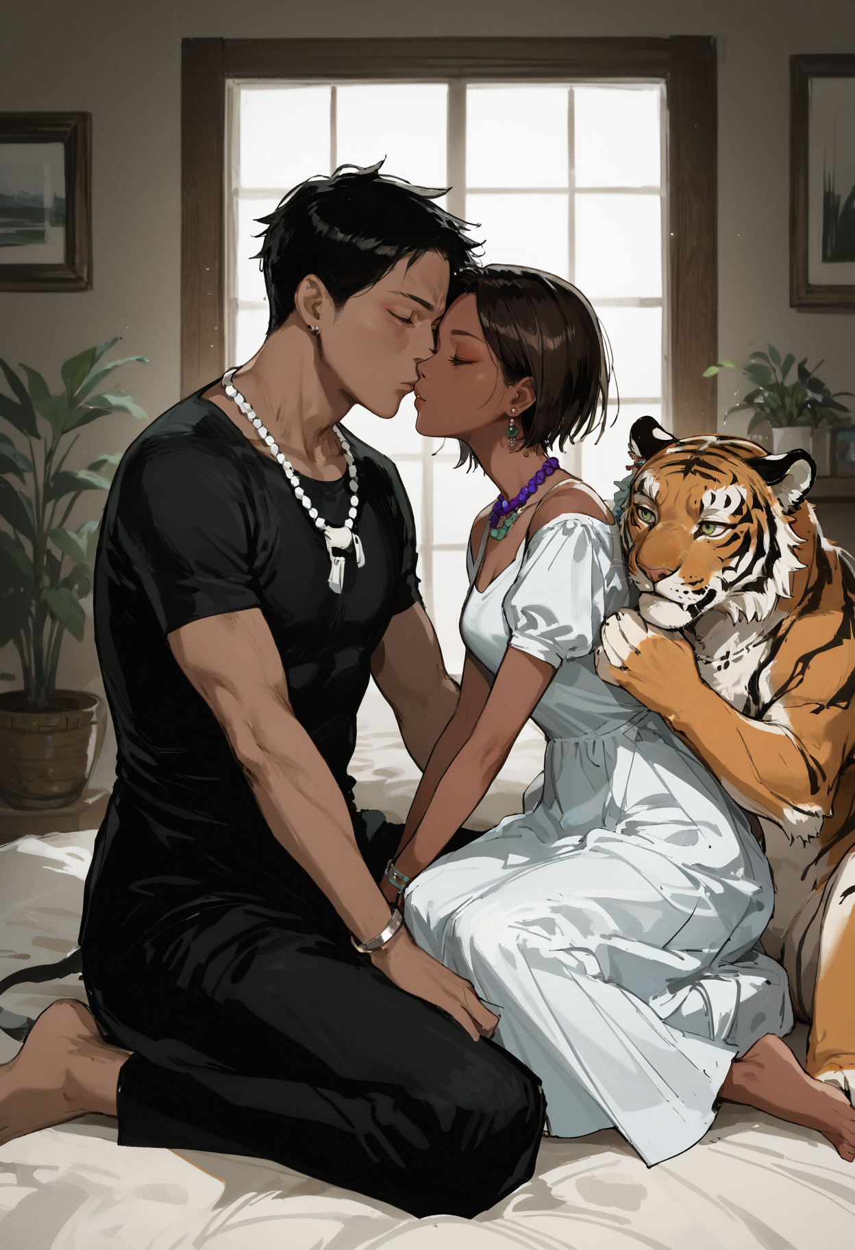 score_9, score_8_up, score_7_up, score_6_up, score_5_up, score_4_up,
 <lora:ValoraV2:0.8> v4l0r4,
1girl, short hair, brown hair, black hair, 1boy, dress, jewelry, sitting, green eyes, full body, closed eyes, short sleeves, earrings, barefoot, indoors, dark skin, white dress, necklace, looking at another, from side, bracelet, dark-skinned female, profile, animal, bandages, wariza, kiss, child, imminent kiss, bead necklace, wolf, tiger, oversized animal, lion, tooth necklace, white tiger, noses touching