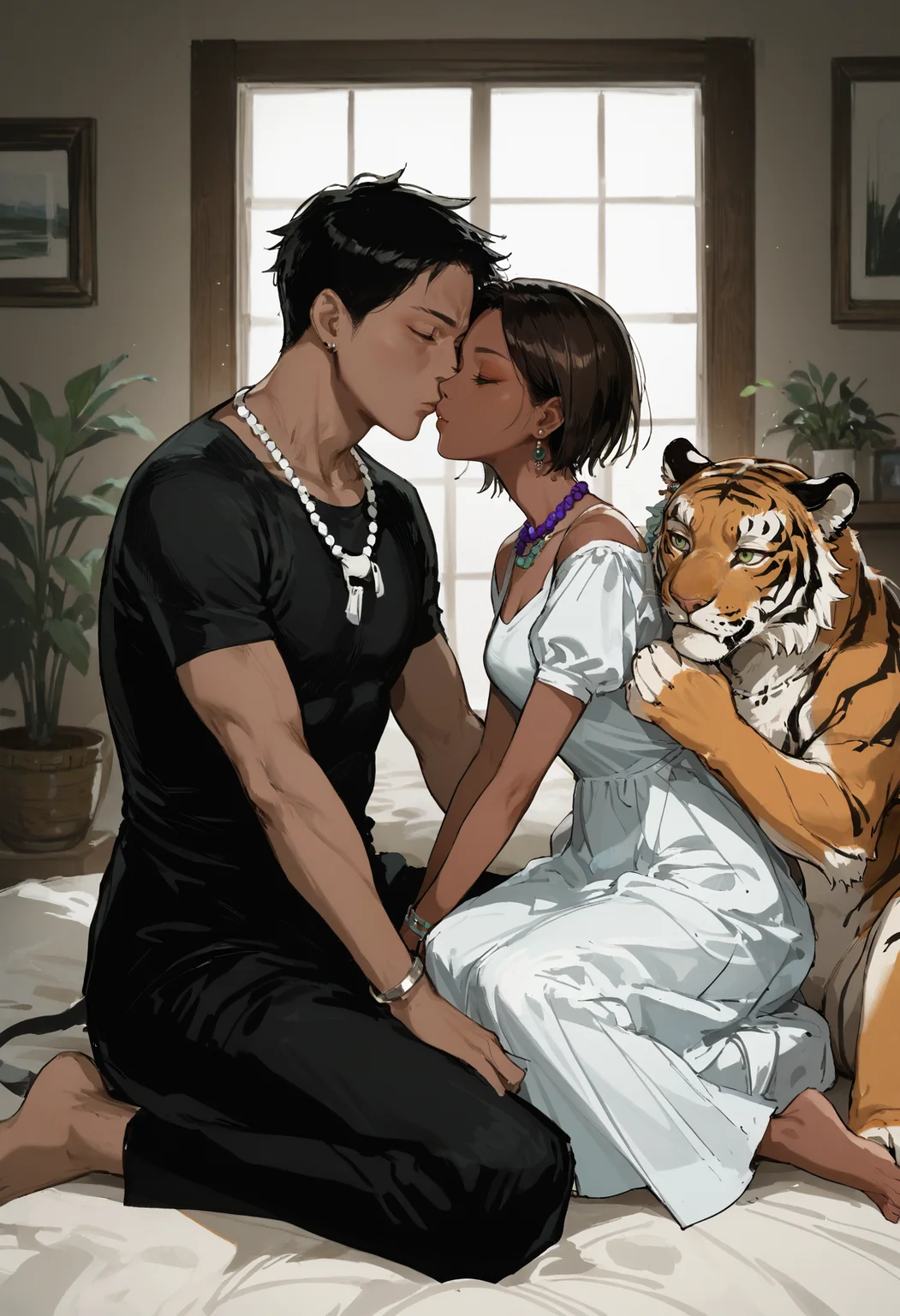 score_9, score_8_up, score_7_up, score_6_up, score_5_up, score_4_up,
<lora:ValoraV2:0.8> v4l0r4,
1girl, short hair, brown hair, black hair, 1boy, dress, jewelry, sitting, green eyes, full body, closed eyes, short sleeves, earrings, barefoot, indoors, dark skin, white dress, necklace, looking at another, from side, bracelet, dark-skinned female, profile, animal, bandages, wariza, kiss, child, imminent kiss, bead necklace, wolf, tiger, oversized animal, lion, tooth necklace, white tiger, noses touching