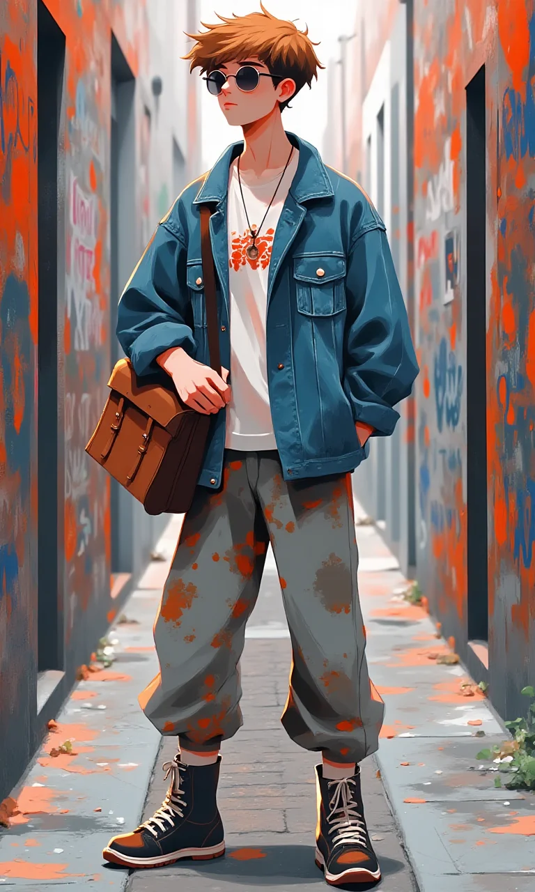 A young man wearing a oversize Denim jacket, faded tannin pants and martin boots, round sunglasses and carrying a vintage travel bag stood in an alleyway filled with graffiti,