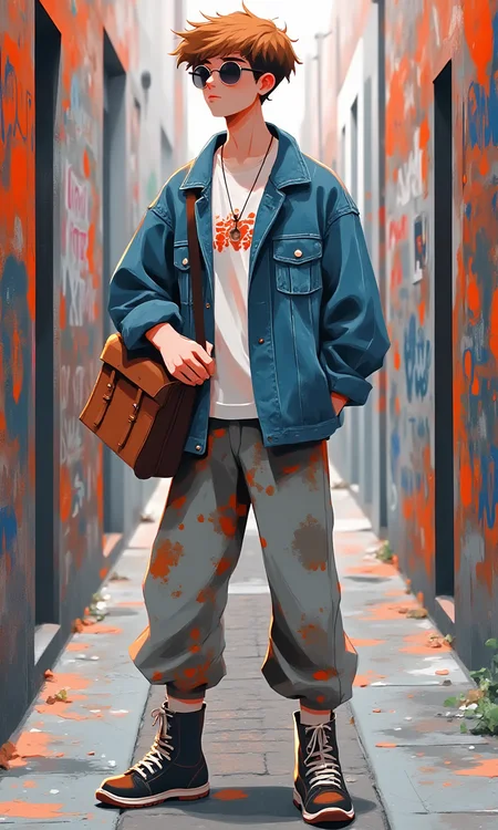 A young man wearing a oversize Denim jacket, faded tannin pants and martin boots, round sunglasses and carrying a vintage travel bag stood in an alleyway filled with graffiti,