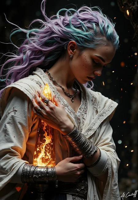 Against an abyss of infinite darkness, she floats—a vision of ethereal grace, her alabaster skin glowing like moonlit marble beneath the hypnotic dance of a lava lamp’s golden light. Her wild mane of iridescent purple and turquoise cascades in untamed waves, as if charged with celestial energy, while her flowing white robe, adorned with delicate silver embroidery, shimmers like constellations stitched into fabric. With eyes closed in serene meditation and arms crossed in quiet defiance, she exudes an aura of otherworldly wisdom, her loosely curled fists hinting at latent power waiting to be unleashed. The molten glow of the lamp bathes her in a dreamlike radiance, casting shifting patterns across her serene face—a modern oracle suspended between realms, pulsing with quiet, cosmic energy., fg<lora:CustomFlux/MysticFantasy.safetensors:0.25000000000000006:0.25000000000000006> <lora:CustomFlux/MysticRealism.safetensors:0.7500000000000001:0.7500000000000001> <lora:Flux/Stylized-Super-Texture.safetensors:0.5000000000000001:0.5000000000000001> <lora:Flux/Epic-Characters_v1.safetensors:0.25000000000000006:0.25000000000000006>